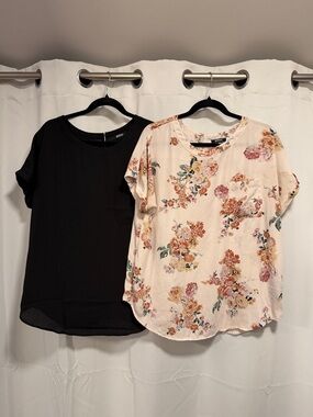 1 Cream Floral + 1 Black Short-Sleeve Pocket Blouse - Buffalo